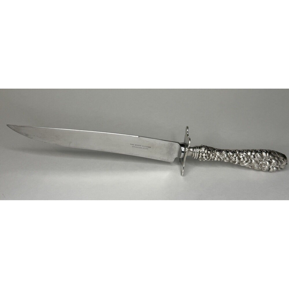 STIEFF Sterling Silver Repoussé Pattern Carving Handle Knife 11.5” Ornate Floral